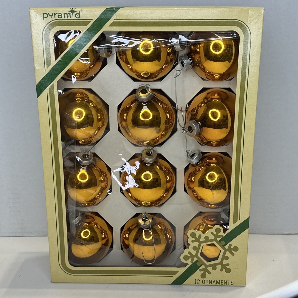 Lot of 12 Pyramid Christmas Ball Ornaments Orange Gold Vintage Preowned in Box